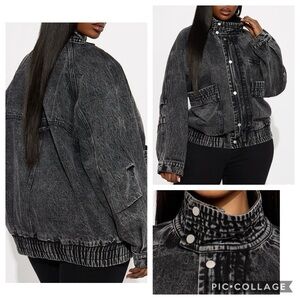 Fashion Nova Yara Oversized Denim Bomber Jacket in black
